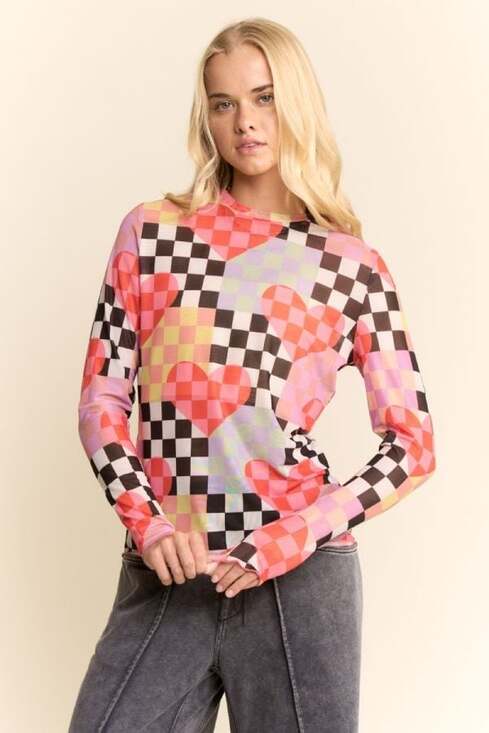 Davi & Dani Y2k Long-Sleeve Mesh Crop Top in Hearts Multi Checker - Picture 3 of 6